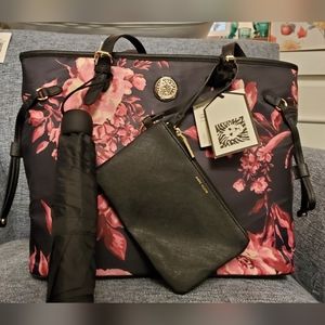 Anne Klein black flowered tote, NWT, with removable pouch and umbrella
